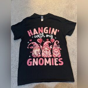 Valentine’s Day Black Gildan T-Shirt with Pink Gnome Design